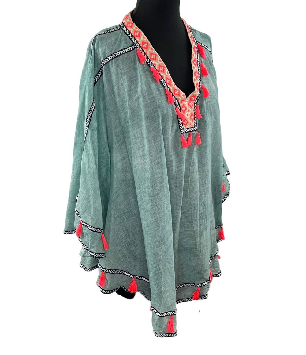 SHIRALEAH Rada Turquoise Blue Tassel Gypsy Boho Embroidered Kimono Cover-Up OS
